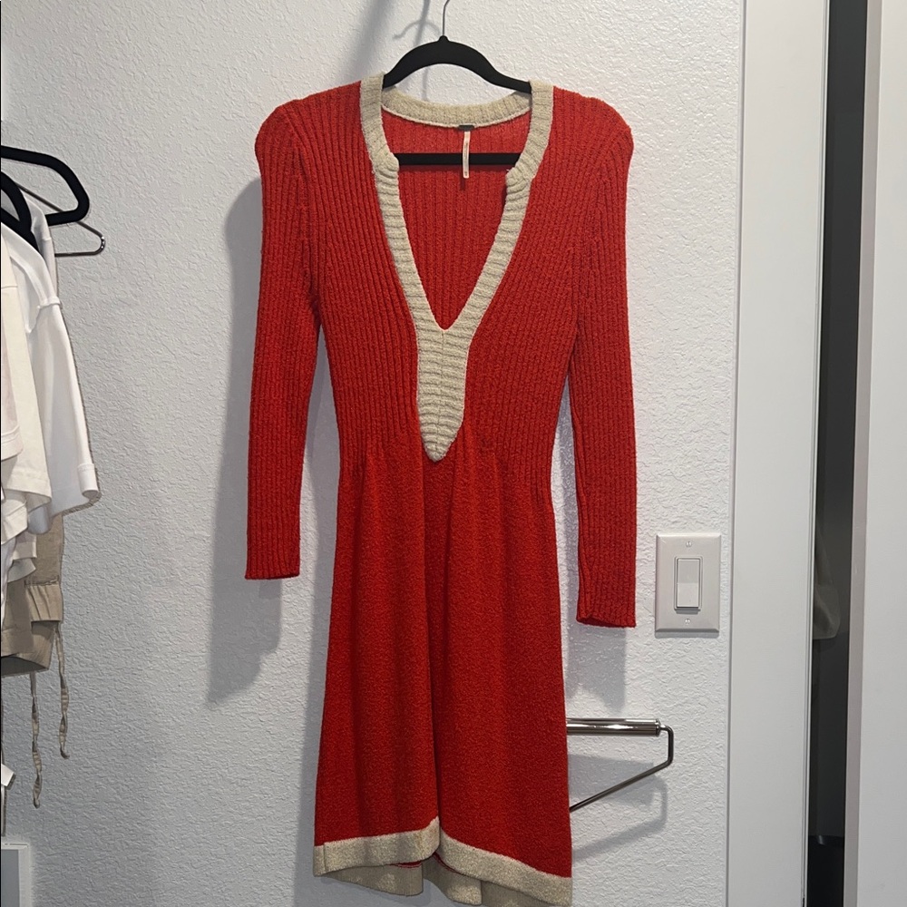 Free People Orange Red and Cream Long Sleeve Sweater Dress